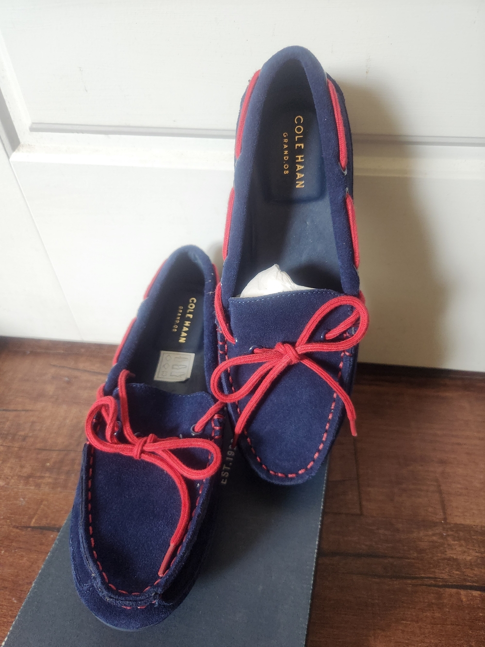 Cole Haan Navy Suede Moccasin Loafers with Red Laces